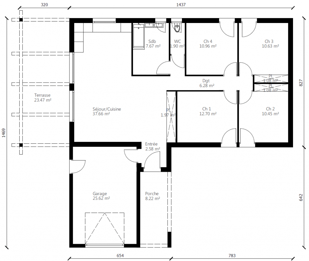 Plan maison en L contemporaine/traditionnelle plain pied
