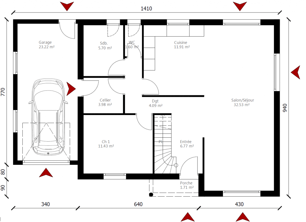 Plan maison rectangulaire traditionnelle rez-de-chaussée