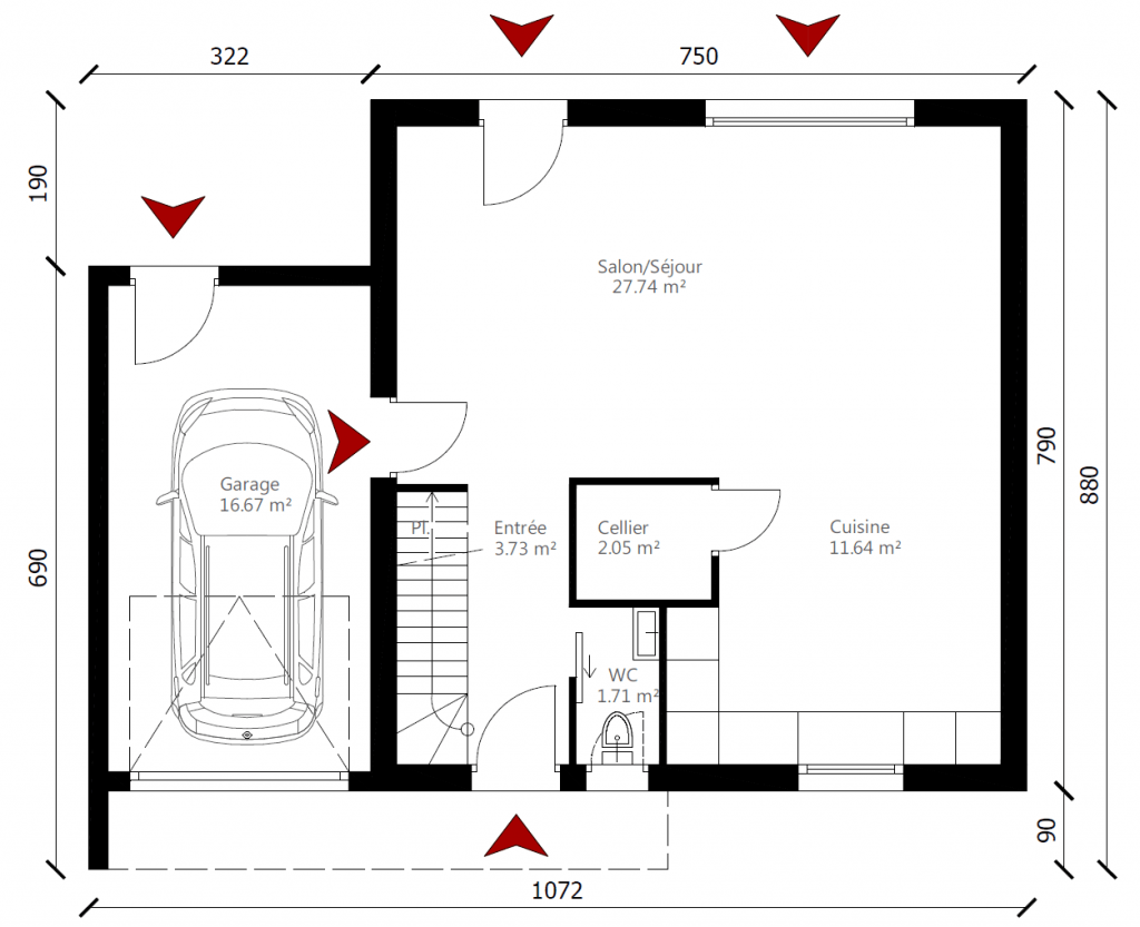 Plan maison carré contemporaine rez-de-chaussée accès