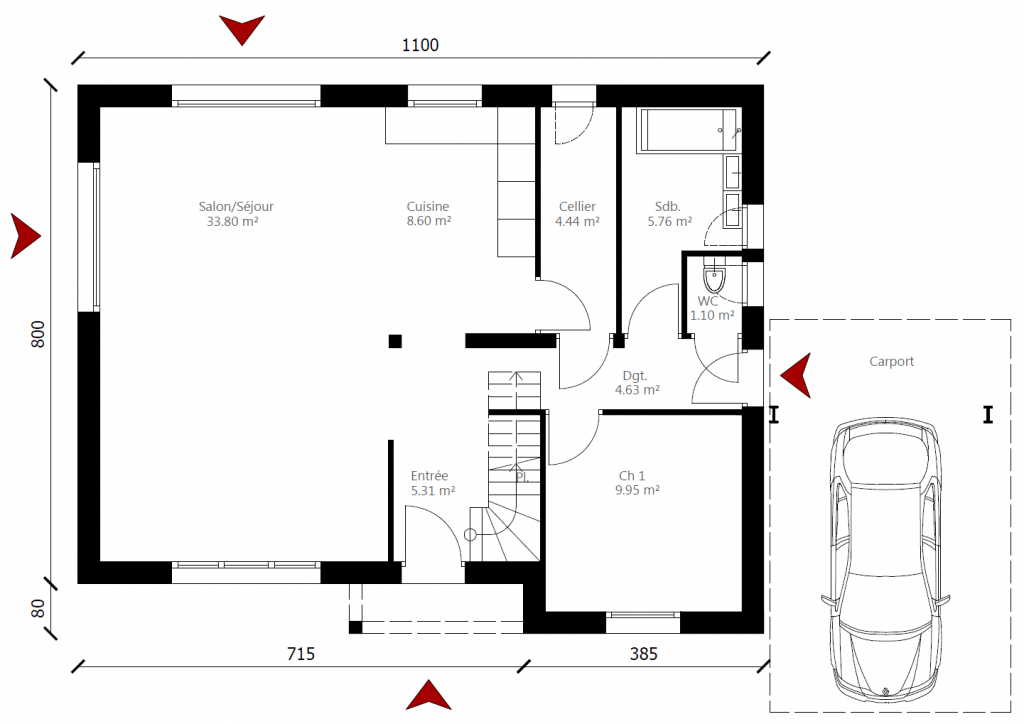 Plan maison rectangulaire traditionnelle rez-de-chaussée accès