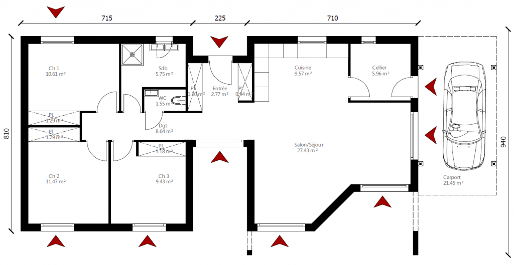 Plan maison en L traditionnelle plain pied accès