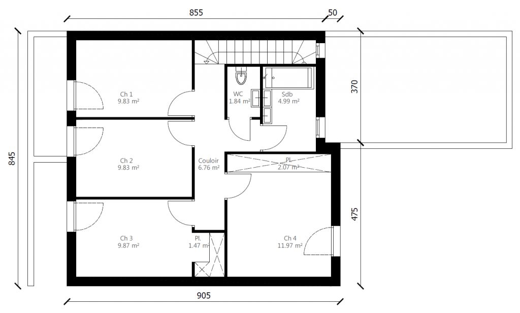 Plan maison en L contemporaine étage