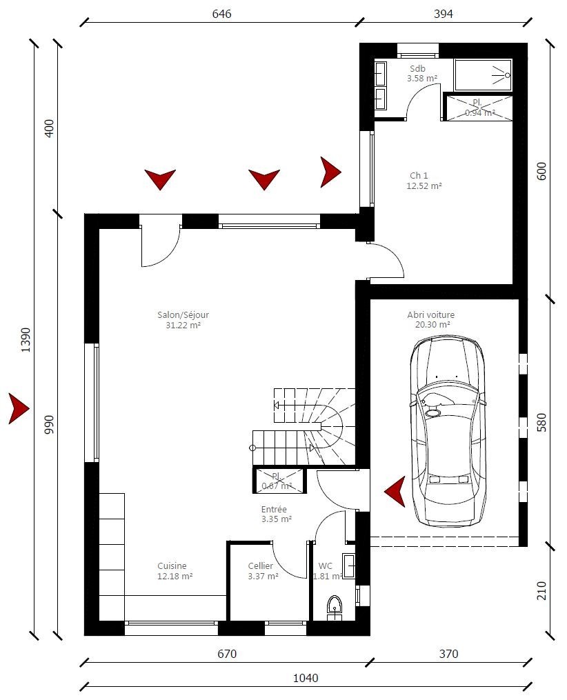 Plan maison en L traditionnelle rez-de-chaussée accès