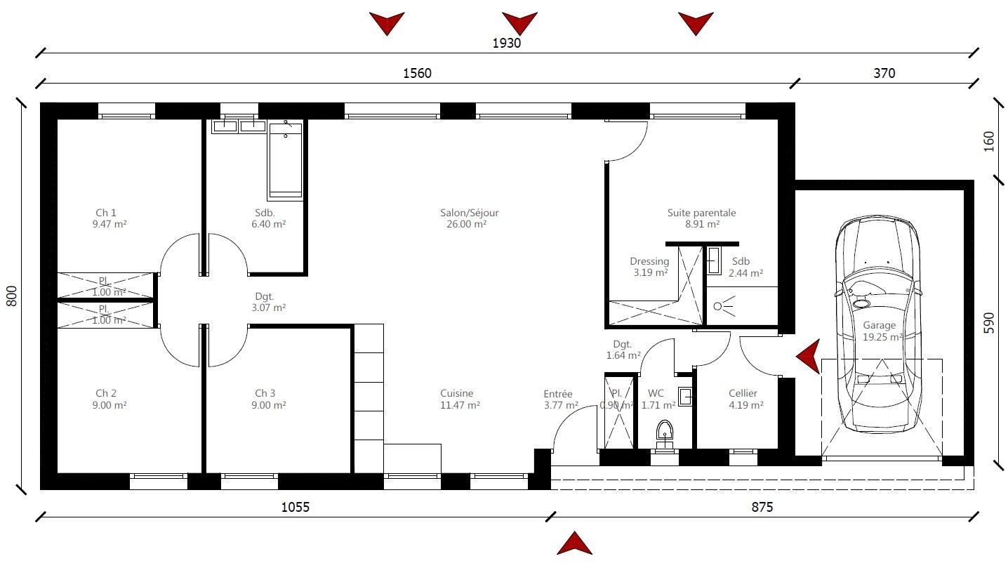 Plan maison rectangle traditionnelle plain pied accès