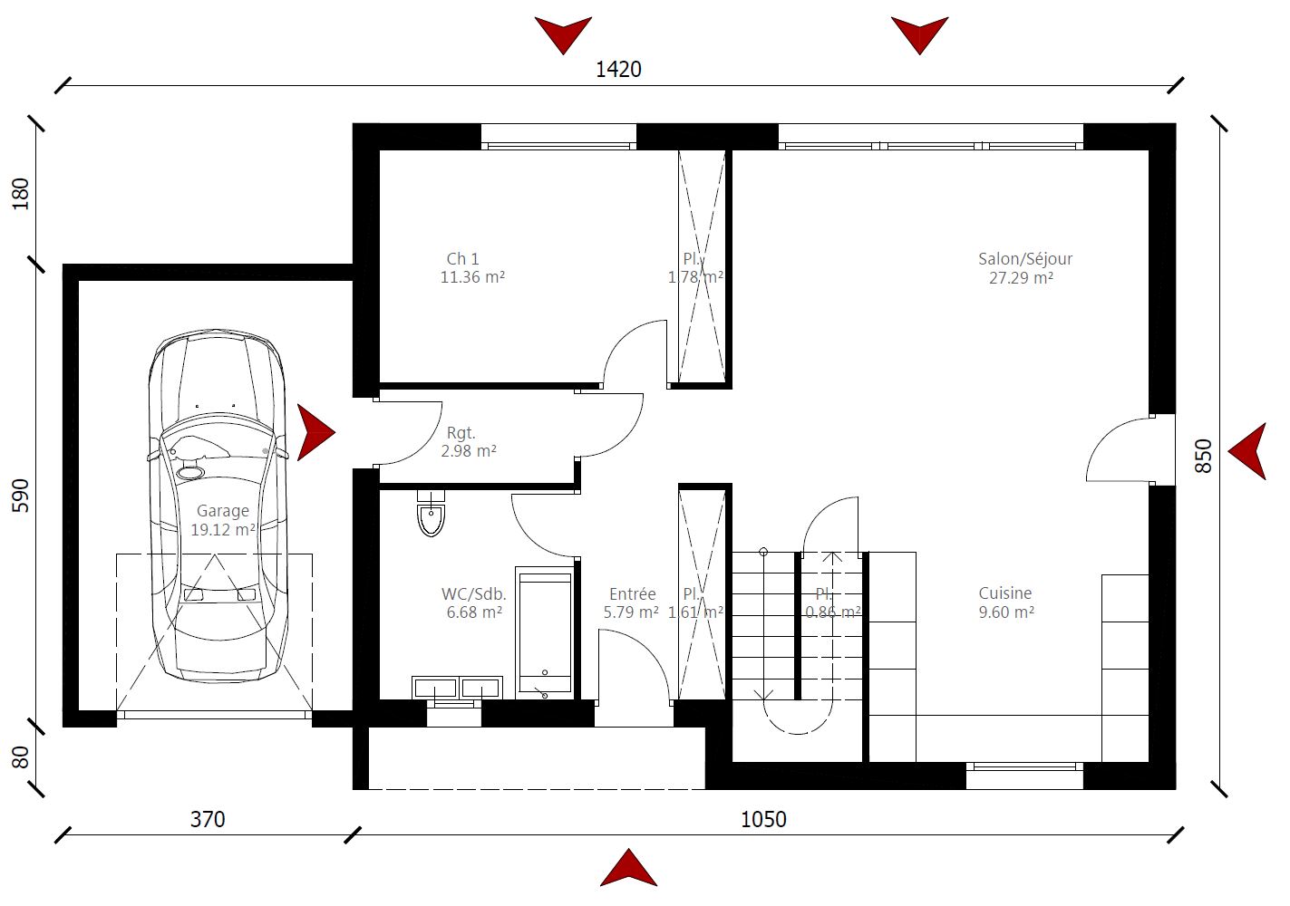 Plan maison rectangulaire traditionnelle rez-de-chaussée accès