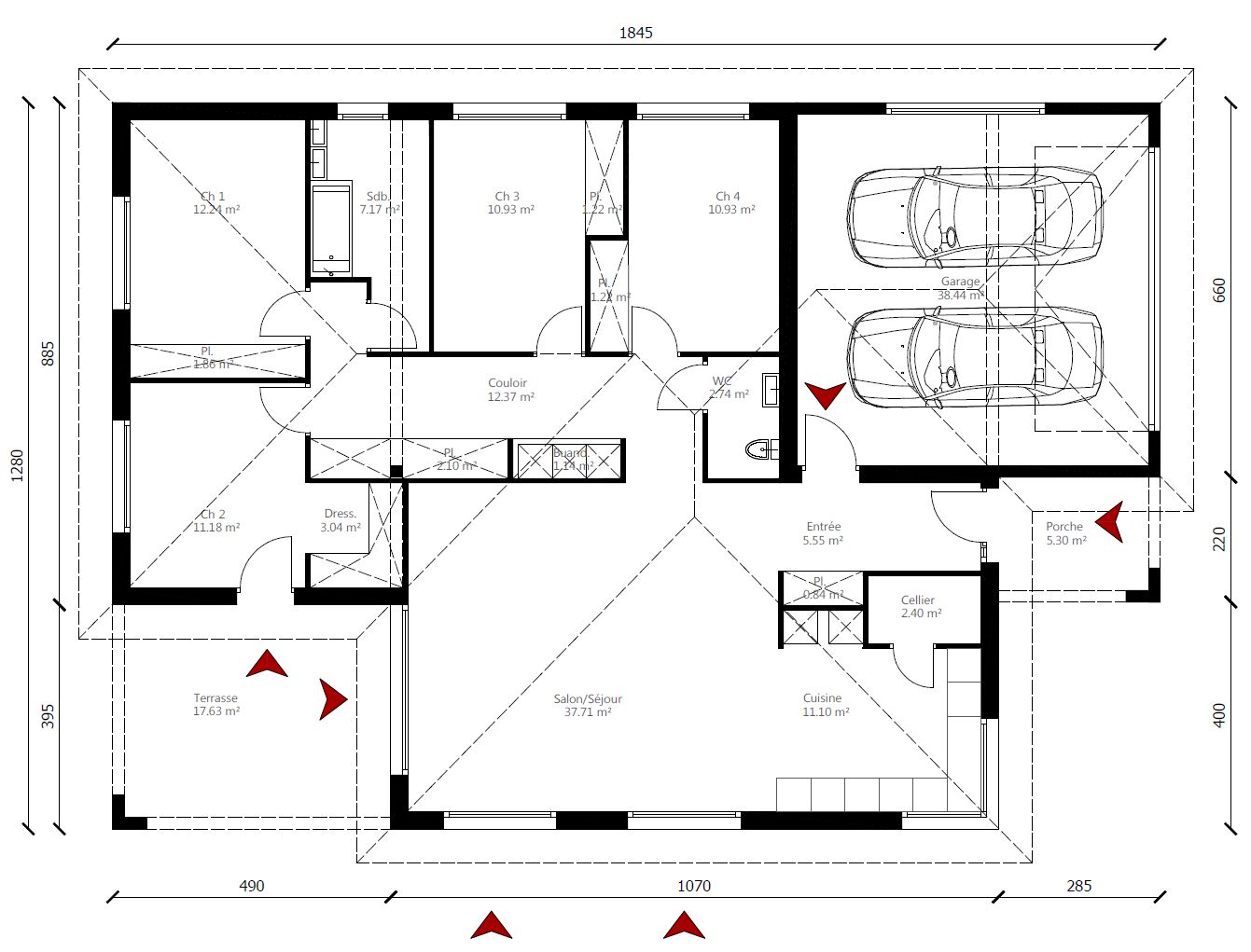 Plan maison en T traditionnelle plain pied accès